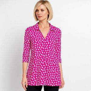 Katherine Way Women Hot Pink & white 3/4 Sleeve V-Neck Top size XS